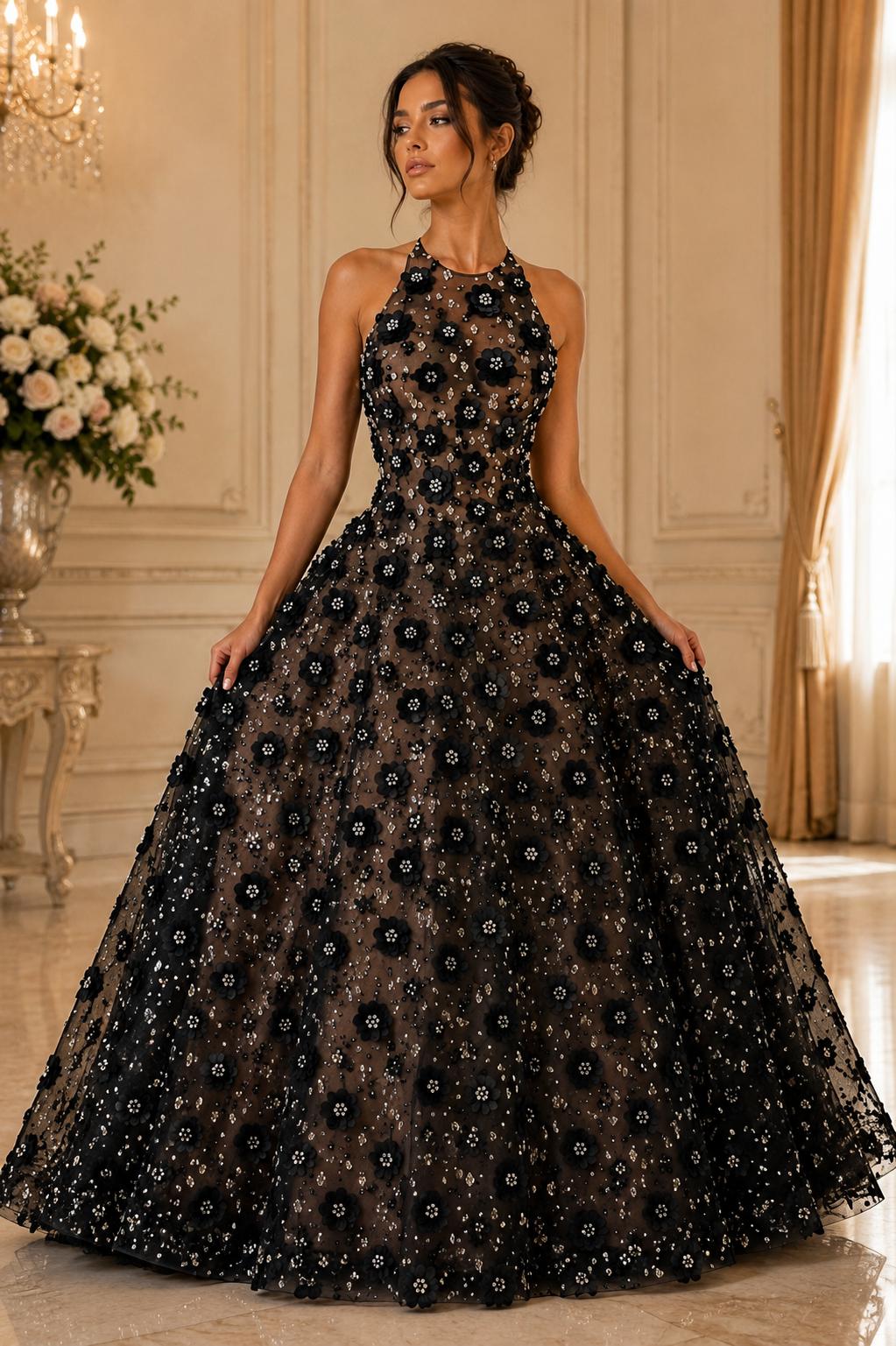 Broderie cu flori 3D si cristale – Negru – Model K2213 140 cm/ la metru