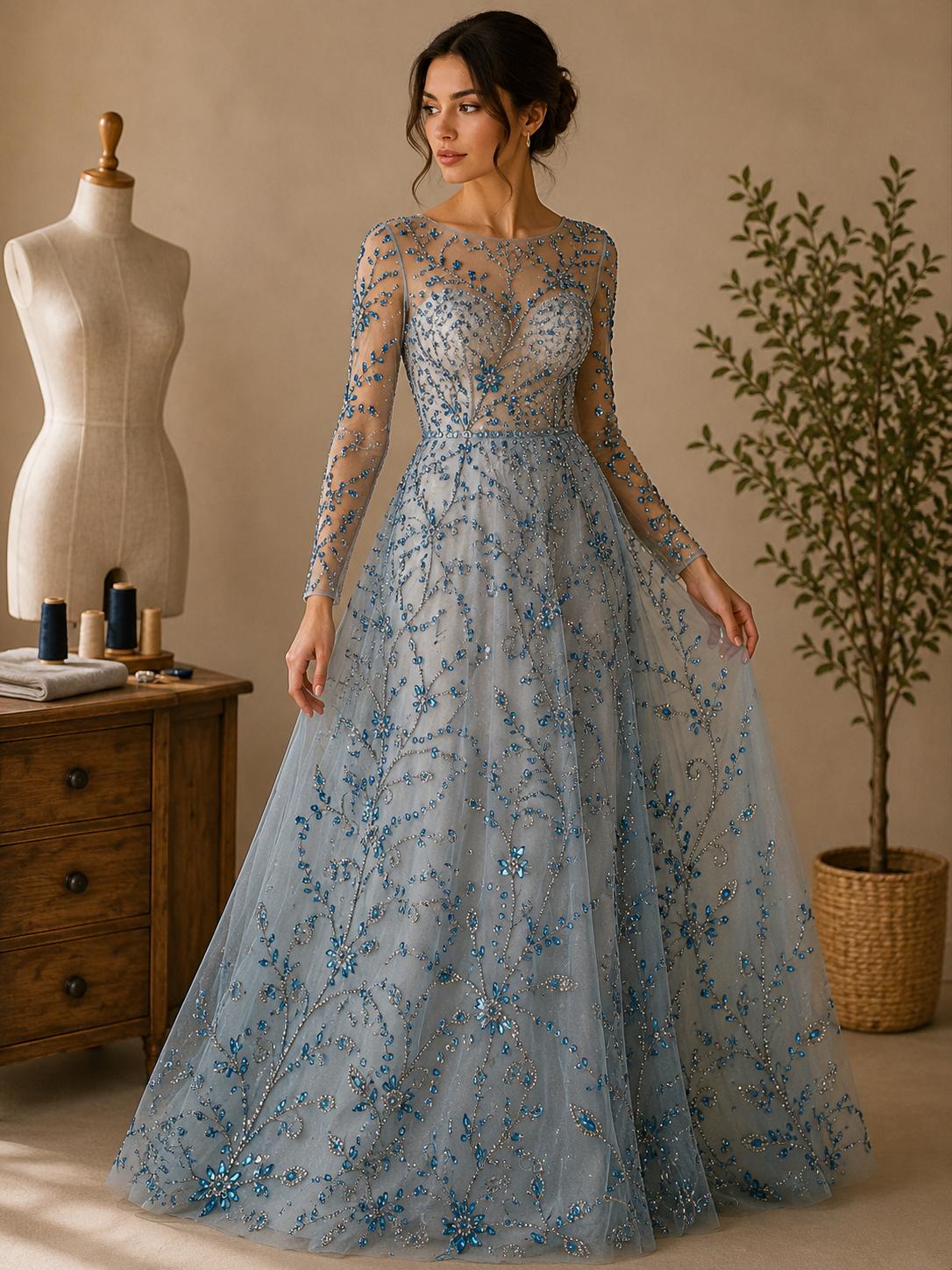Broderie Luxury pe tul D Sky Blue cu cristale si aplicatii florale – Model J1 3390, 140 cm/la metru