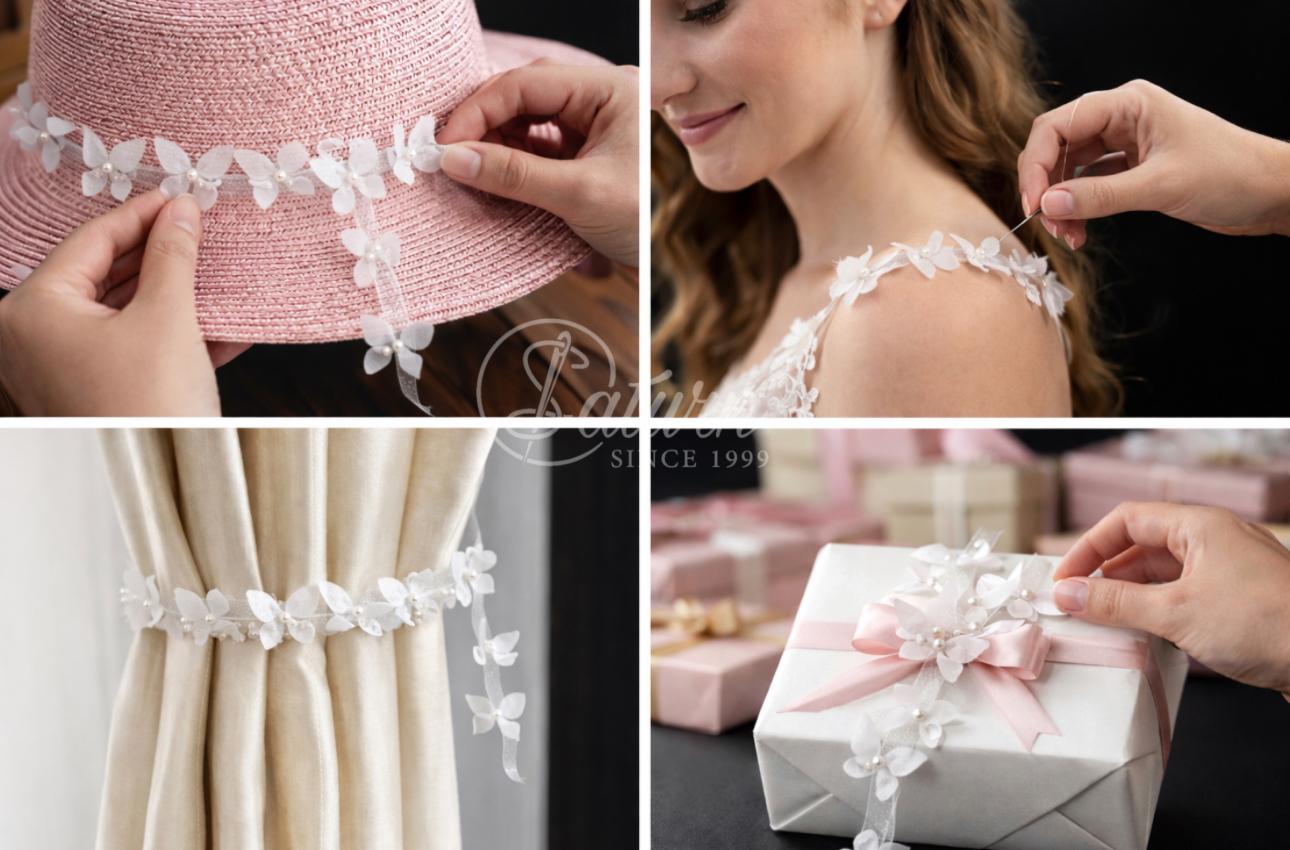Banda/ Fluturi din Organza/Alb –  5,5cm/9 m/Card/ – Decor Textil Elegant