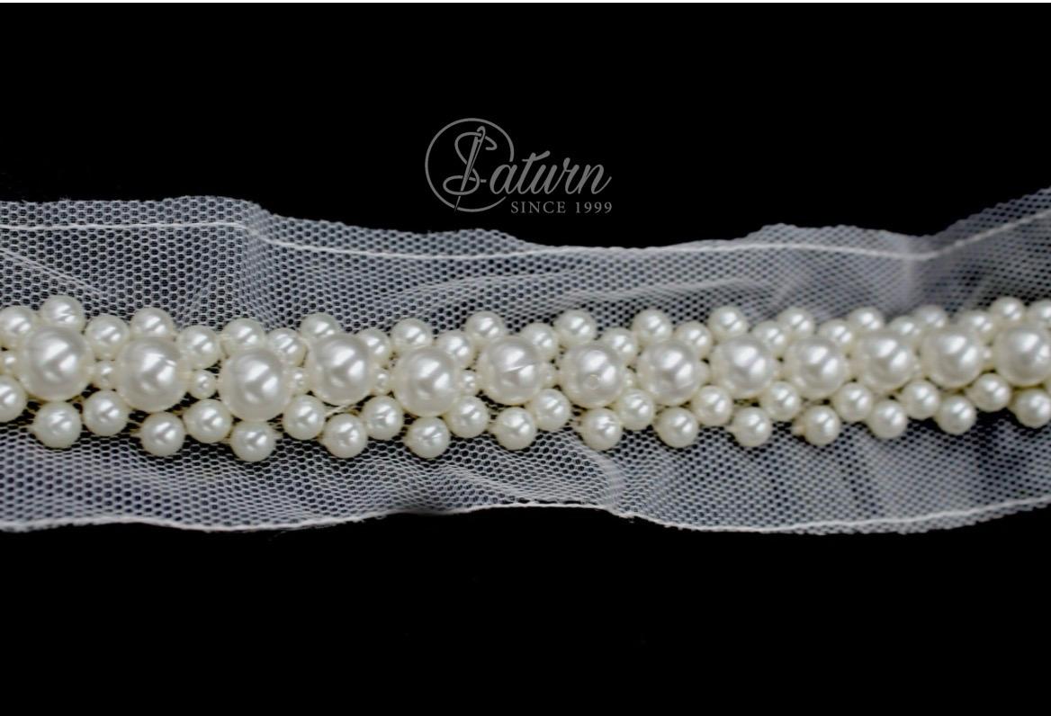 Banda Decorativa cu Perle pe Tulle, de Cusut, la Metru – 5,5 cm,