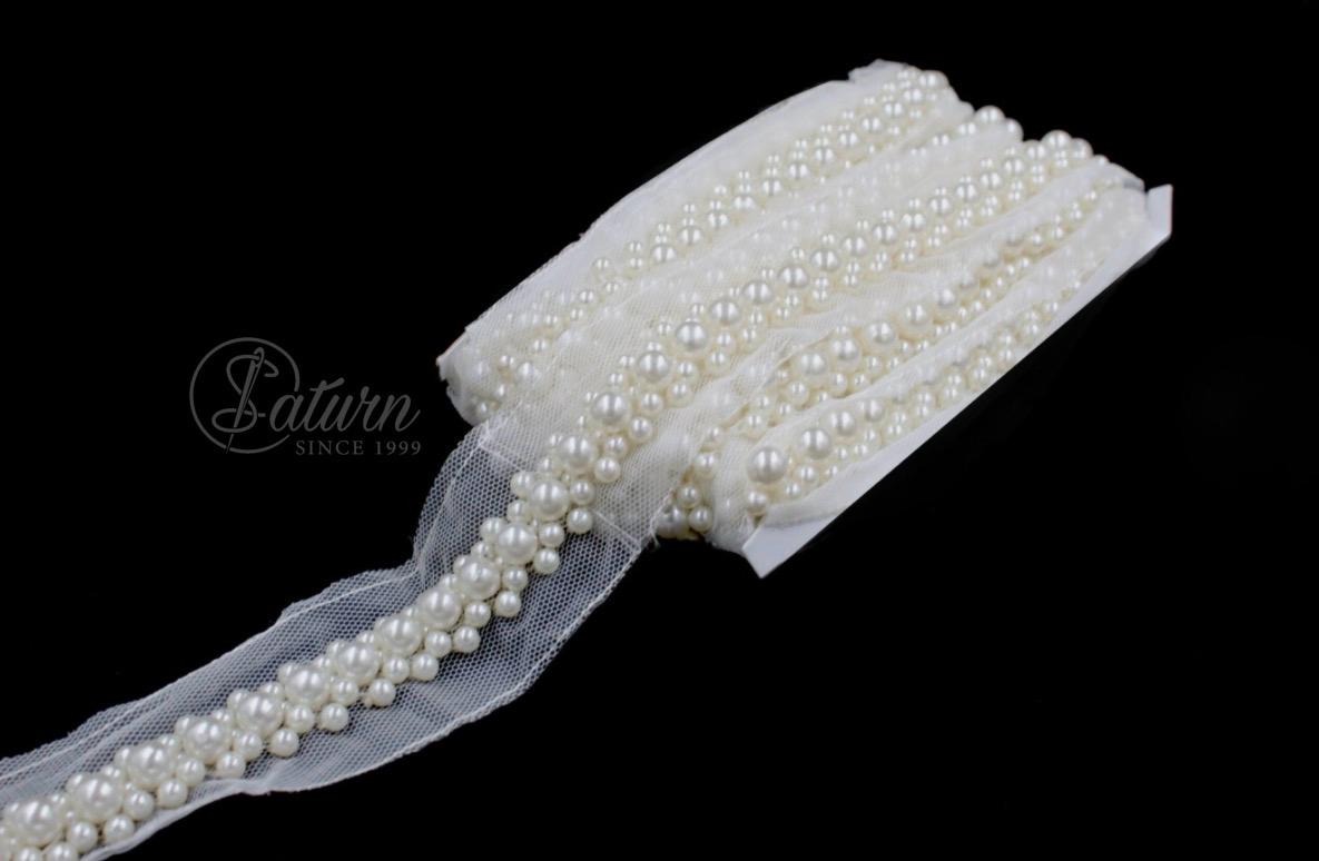 Banda Decorativa cu Perle pe Tulle, de Cusut, la Metru – 5,5 cm,