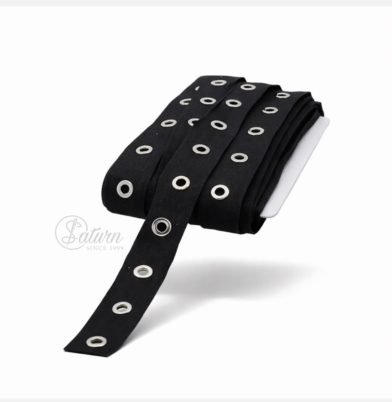 Banda Decorativa cu Ocheti Metalici –Culoare Negru /Bumbac –la metru