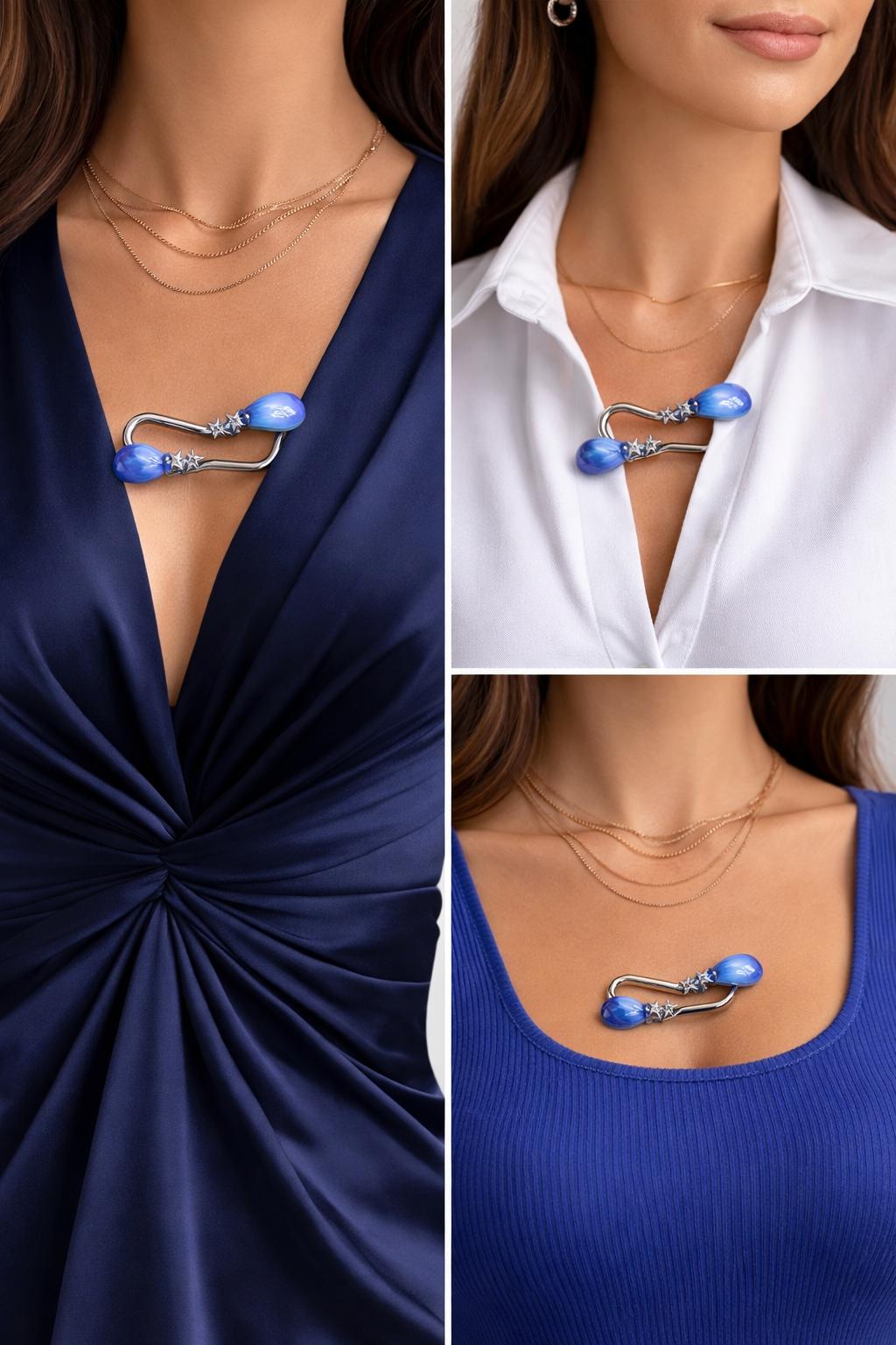 Catarama metalica decorativa pentru rochii si bluze – Accesoriu cu pietre albastre si detalii stelute