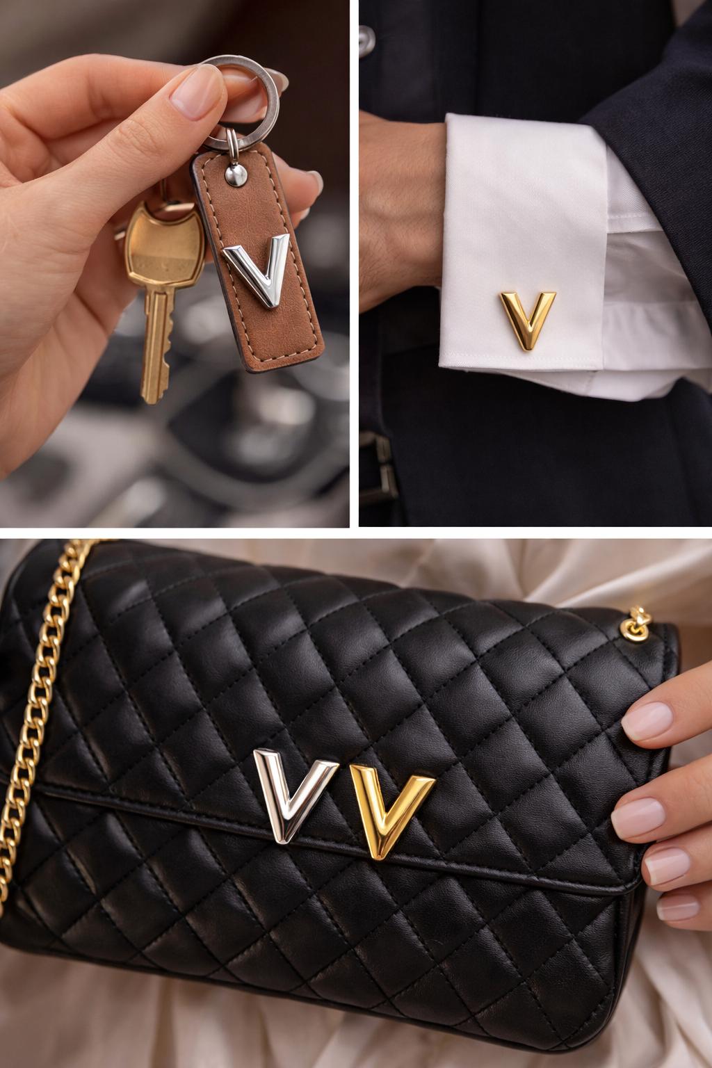 Catarama brosa litere V  accesoriu metalic auriu sau argintiu pentru haine