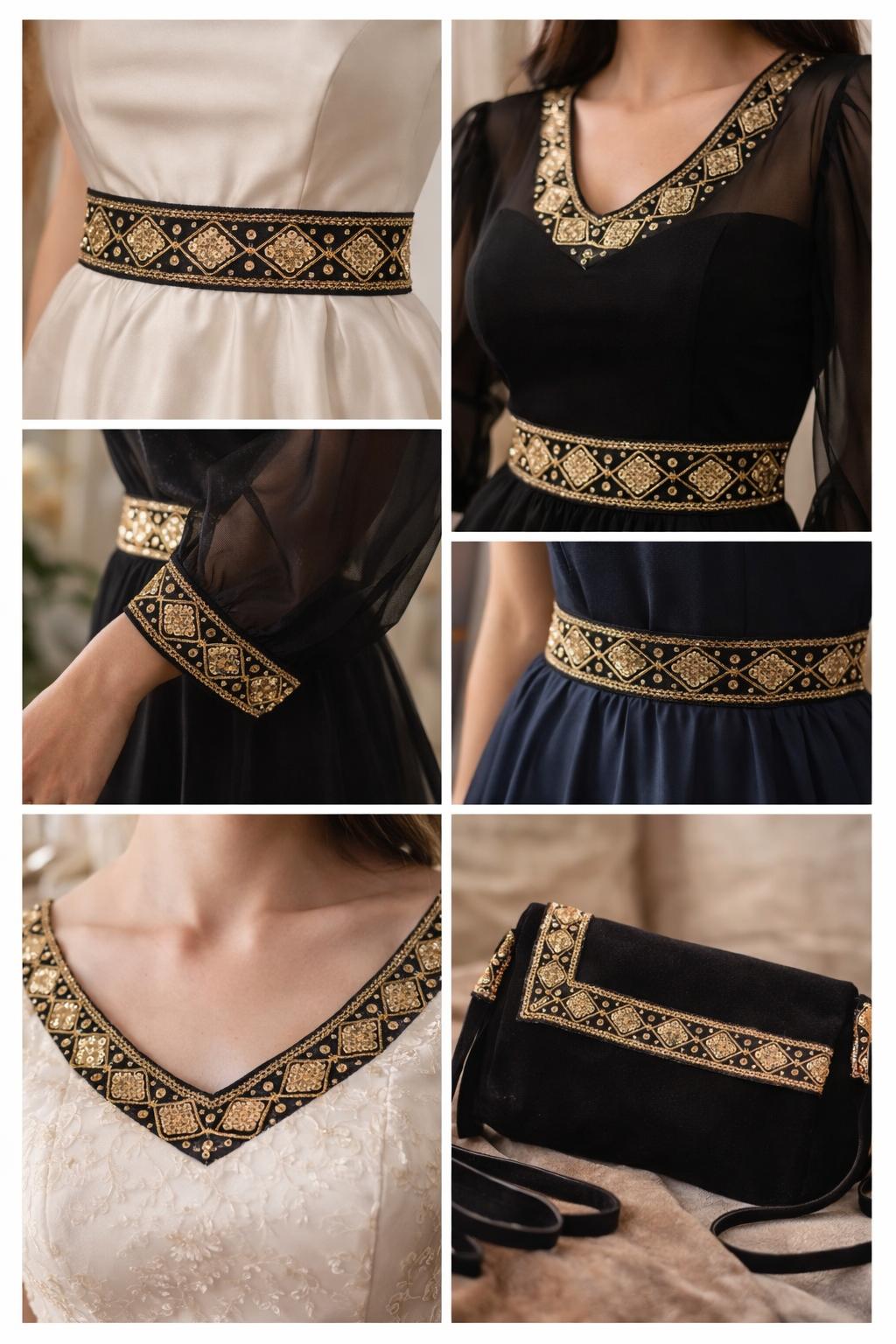 Banda decorativa brodata pe tulle negru cu auriu 5 cm cu paiete pentru rochii si costume elegante/la metru