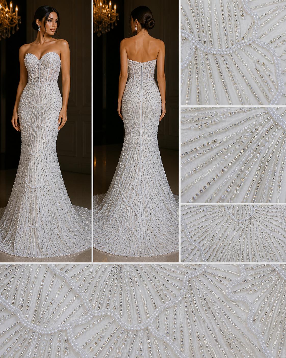 Broderie de lux rosie pe tull alb,rosu sau auriu, cu margele si cristale, 140 cm – model couture SJT1264