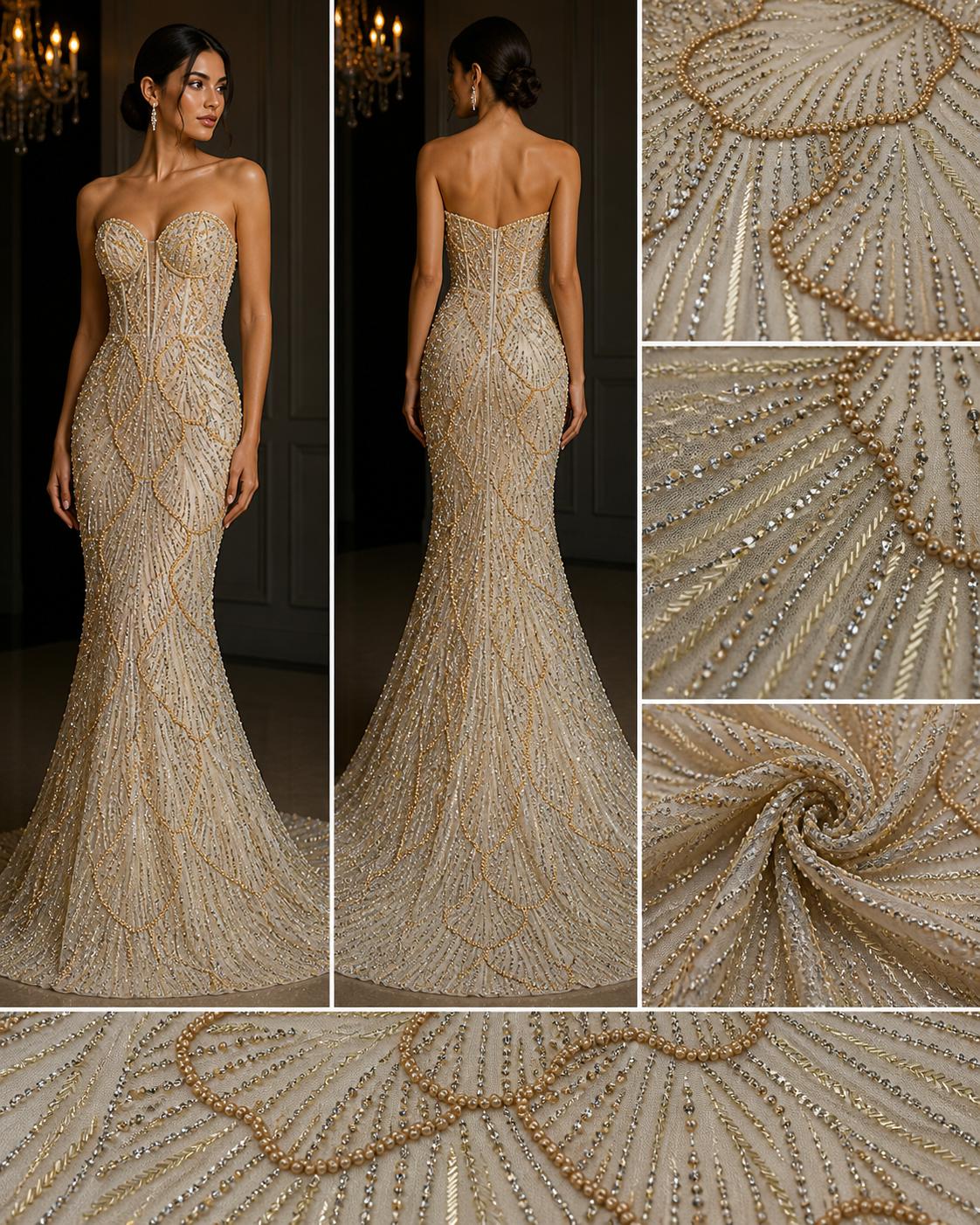 Broderie de lux rosie pe tull alb,rosu sau auriu, cu margele si cristale, 140 cm – model couture SJT1264