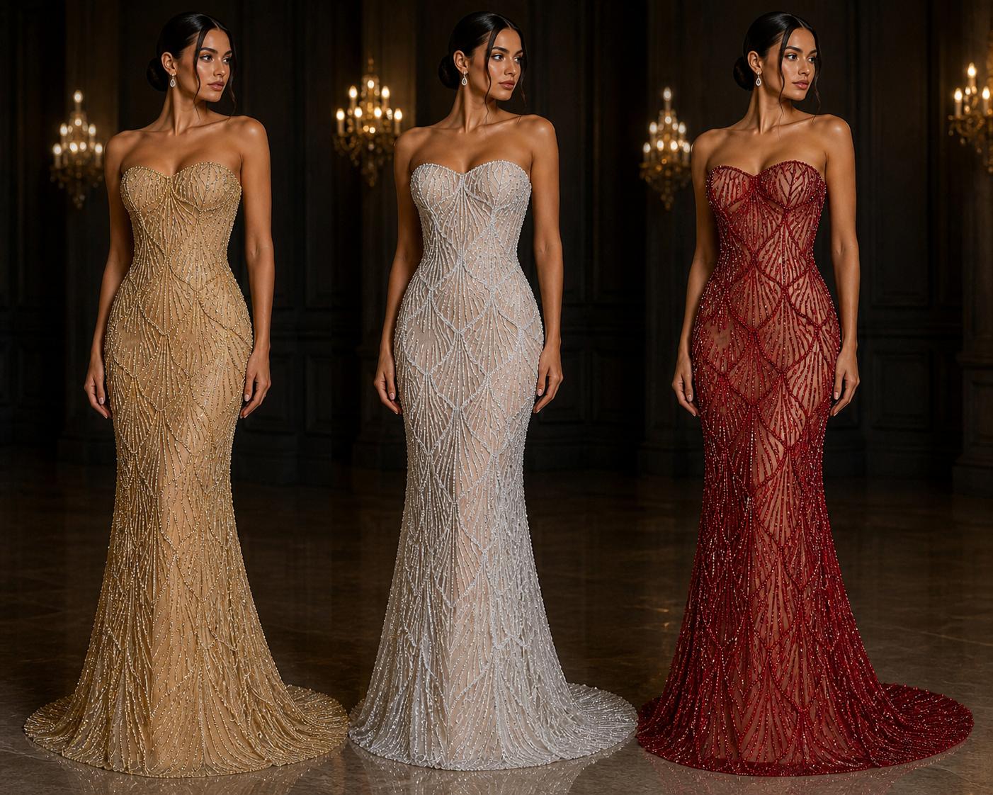 Broderie de lux rosie pe tull alb,rosu sau auriu, cu margele si cristale, 140 cm – model couture SJT1264