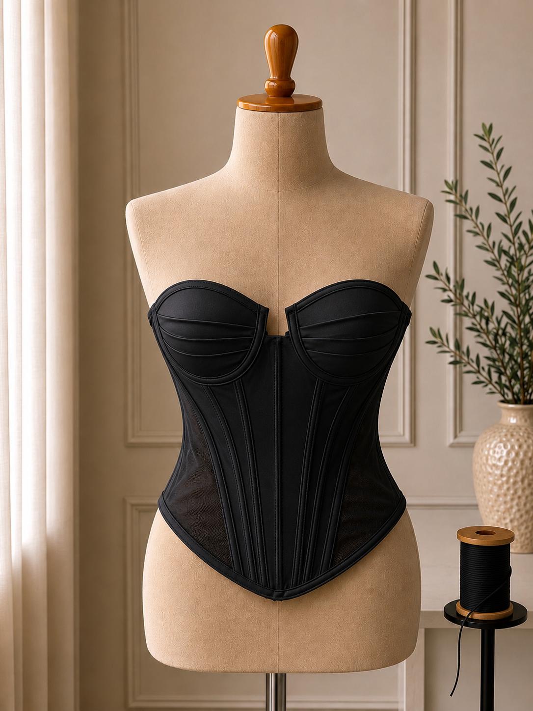 Corset dama din satin cu cupe si insertii transparente din tul M35