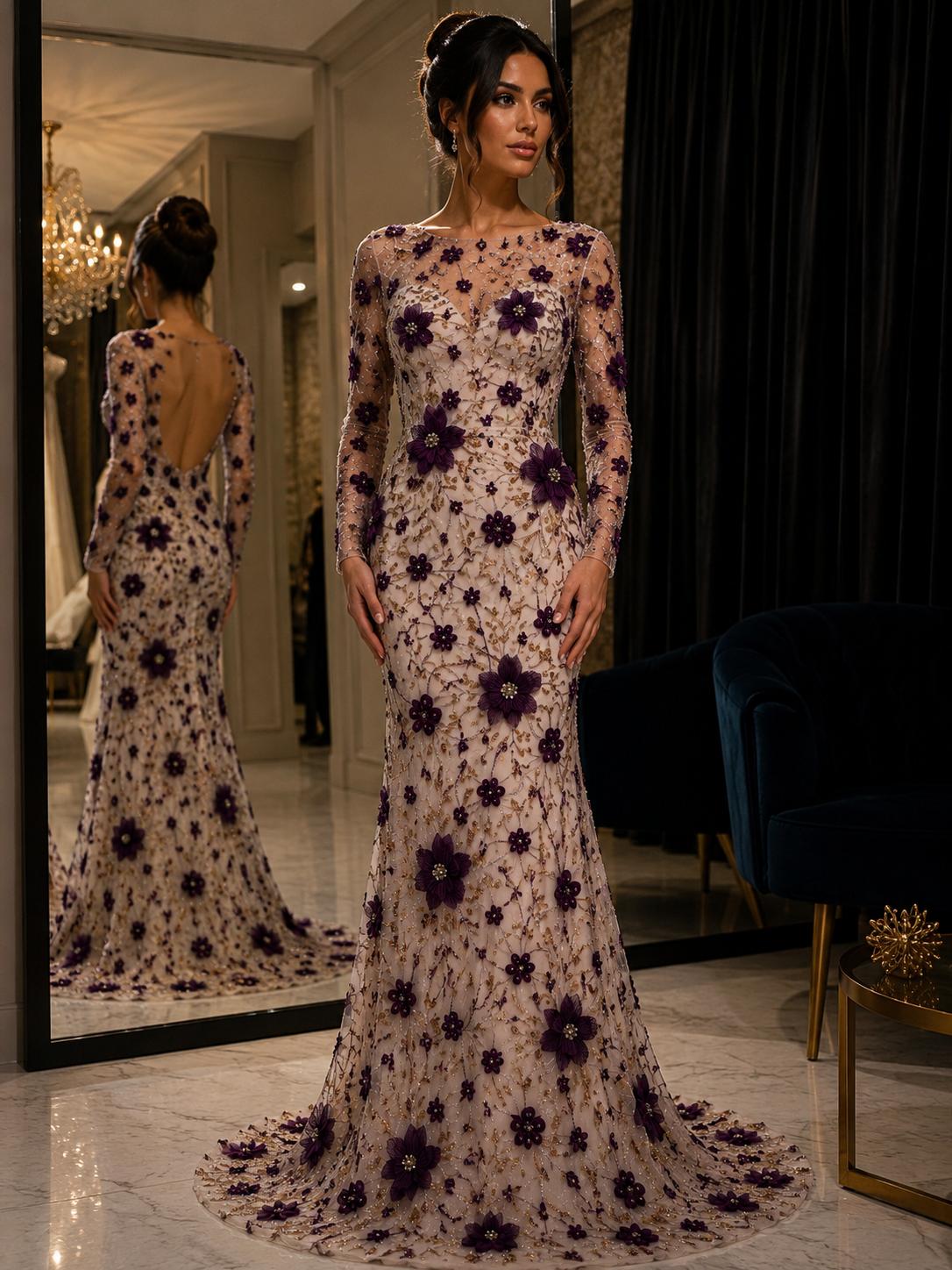 Broderie pe tul bej cu mov Model J1 3388, latime 140 cm, cu flori 3D, margele si cristale premium