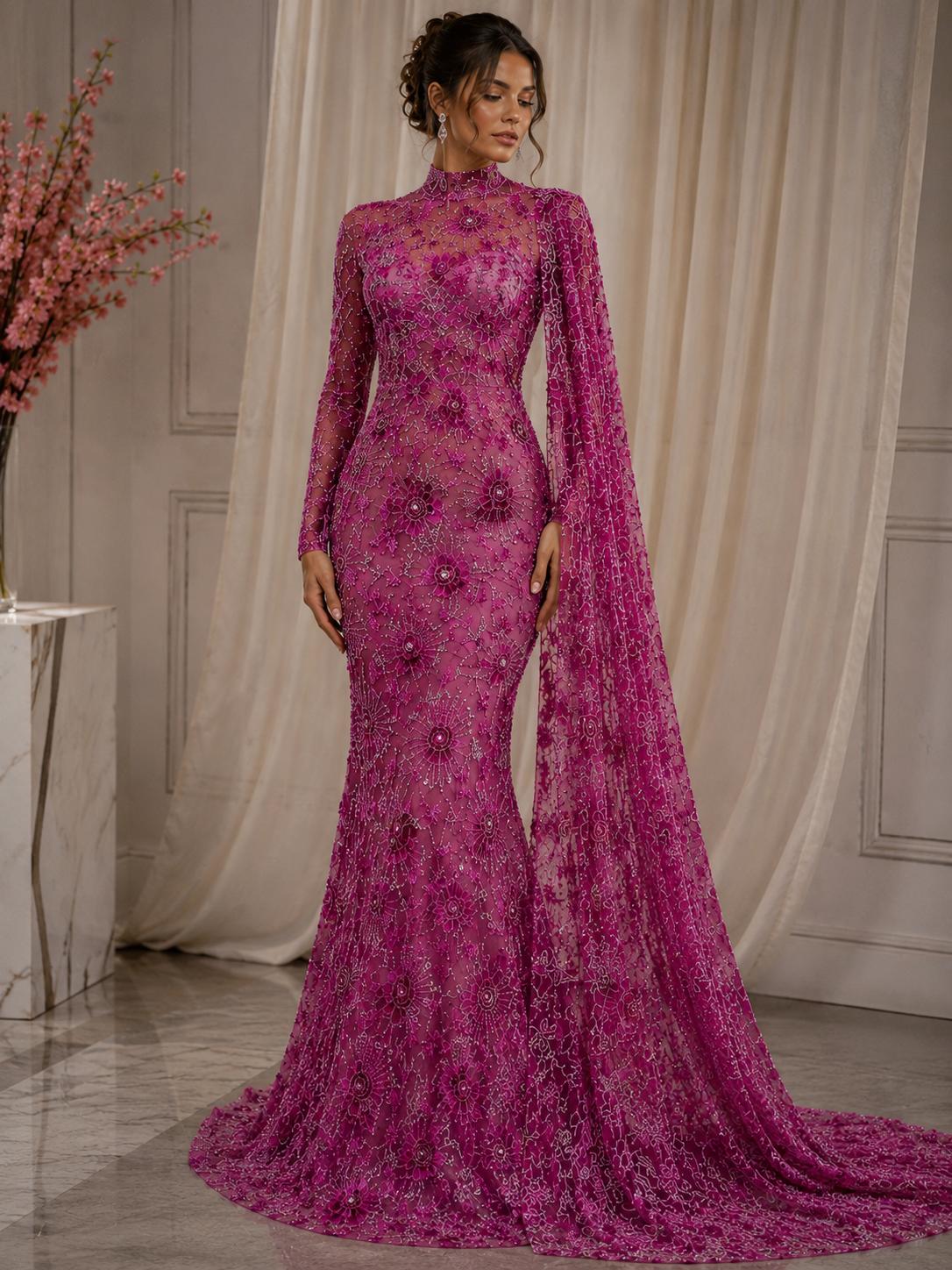 Broderie premium pe tul roz intens Model K2205, 140 cm, cu flori 3D, cristale și paiete – Design Luxury Couture