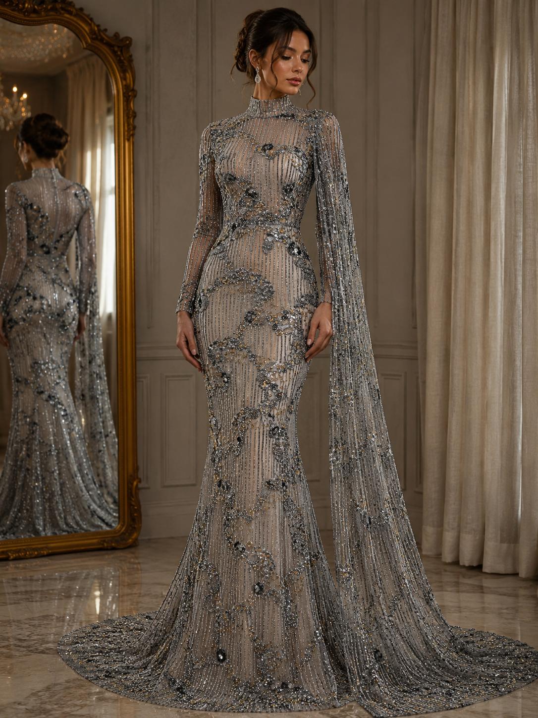 Broderie premium pe tul gri Model SJT 1380, 140 cm, cu margele, paiete și cristale – Design Luxury Couture