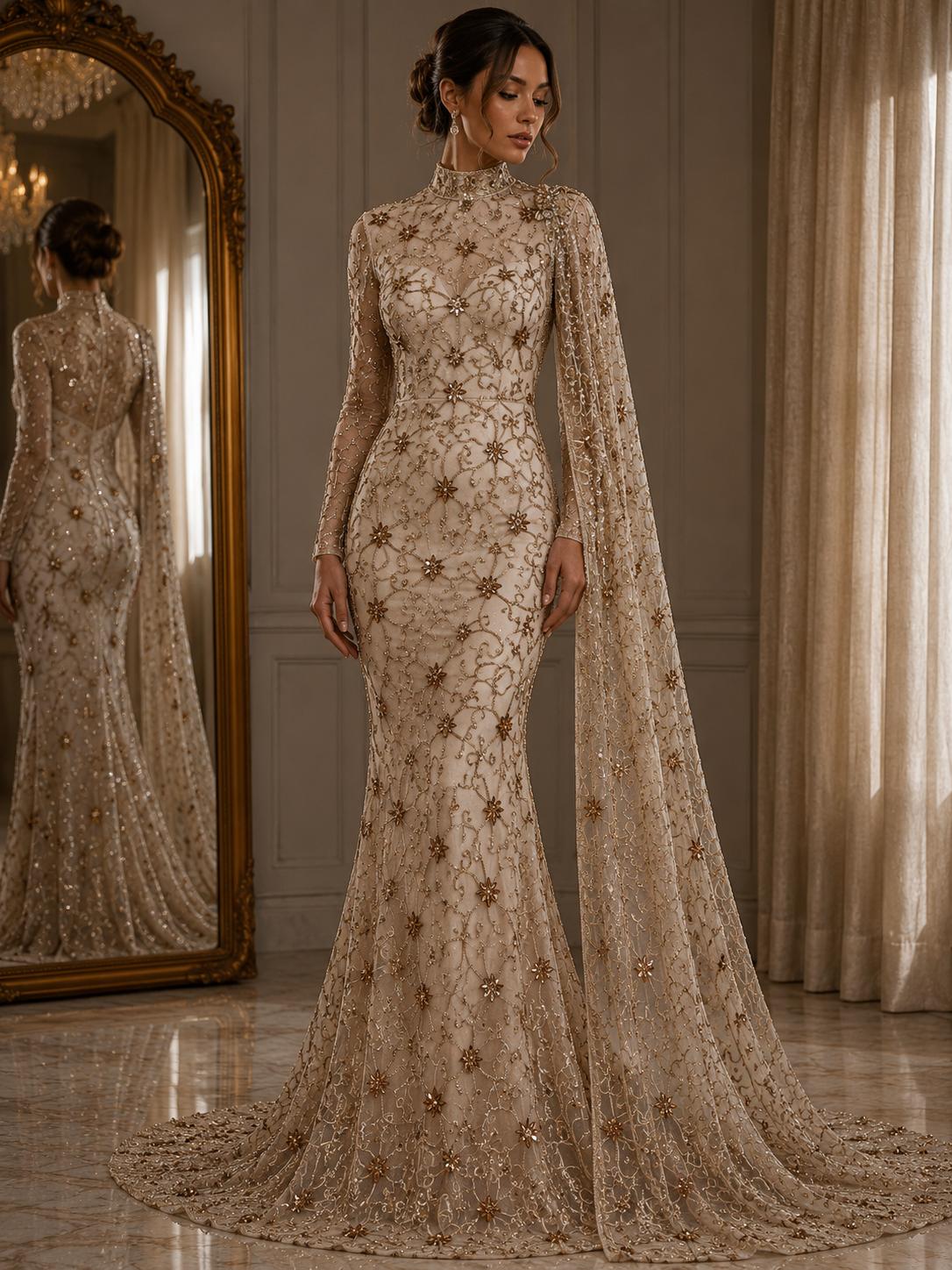 Broderie premium pe tul ivoire Model AI588, 140 cm, cu cristale si margele argintii/aurii – Design Luxury Couture/la metru