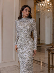 Broderie premium cu mărgele și cristale – Model Art Deco în nuanțe gri nude 140cm\ la metru SJT1366