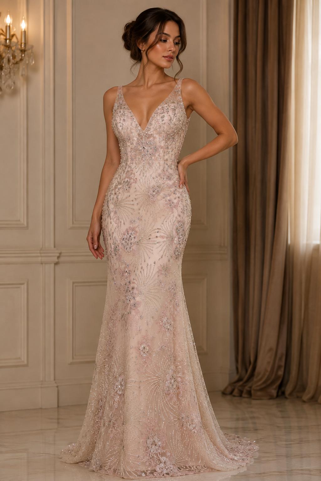 Broderie premium pe tul roz cu cristale si margele Model J1 3373, 140 cm, la metru