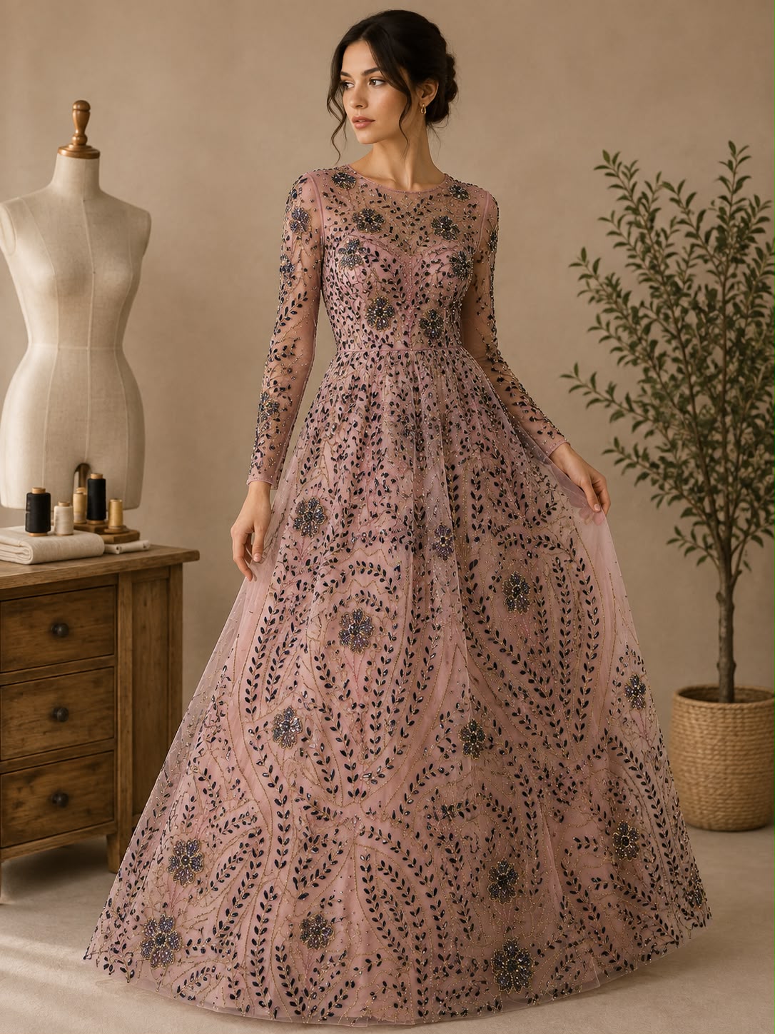 Broderie Luxury pe tul burgundy cu margele, cristale si aplicatii florale – Model J1 3423 140 cm/la metru