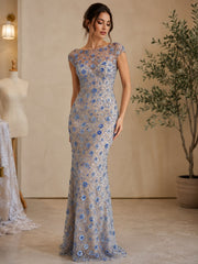Broderie Luxury cu Flori 3D și Cristale – DB1510, Lt Blue, 140 cm