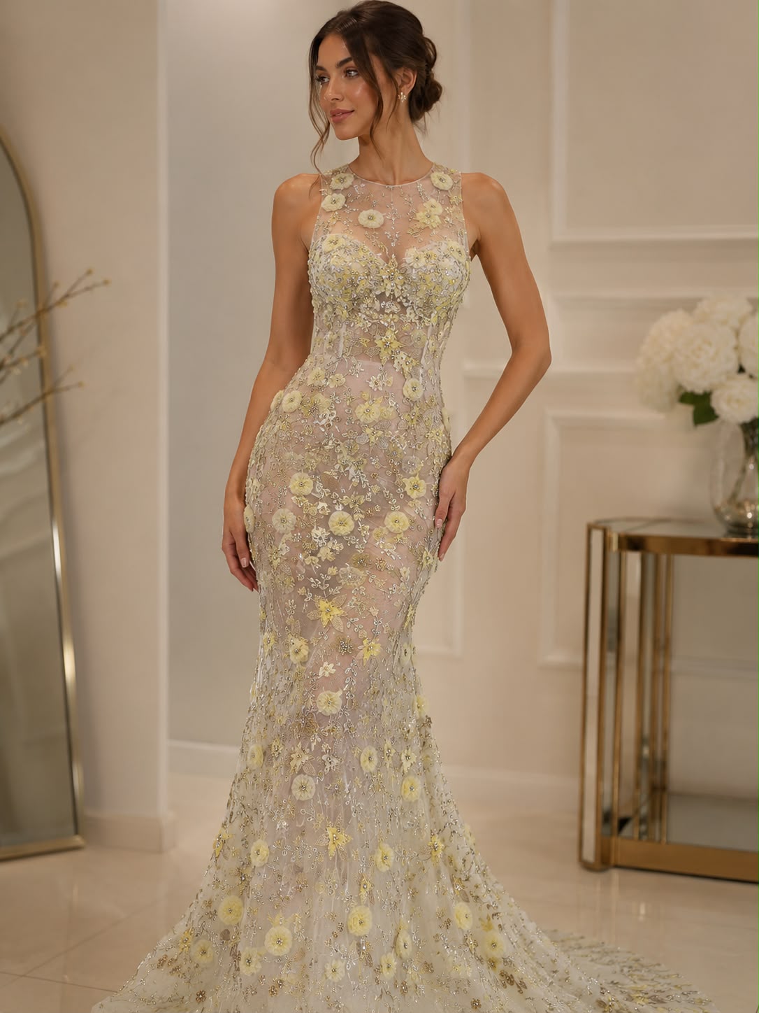Broderie 3D cu Flori si Aplicatii Stralucitoare – Galben Pal si Auriu Model K2036 140 cm\la metru