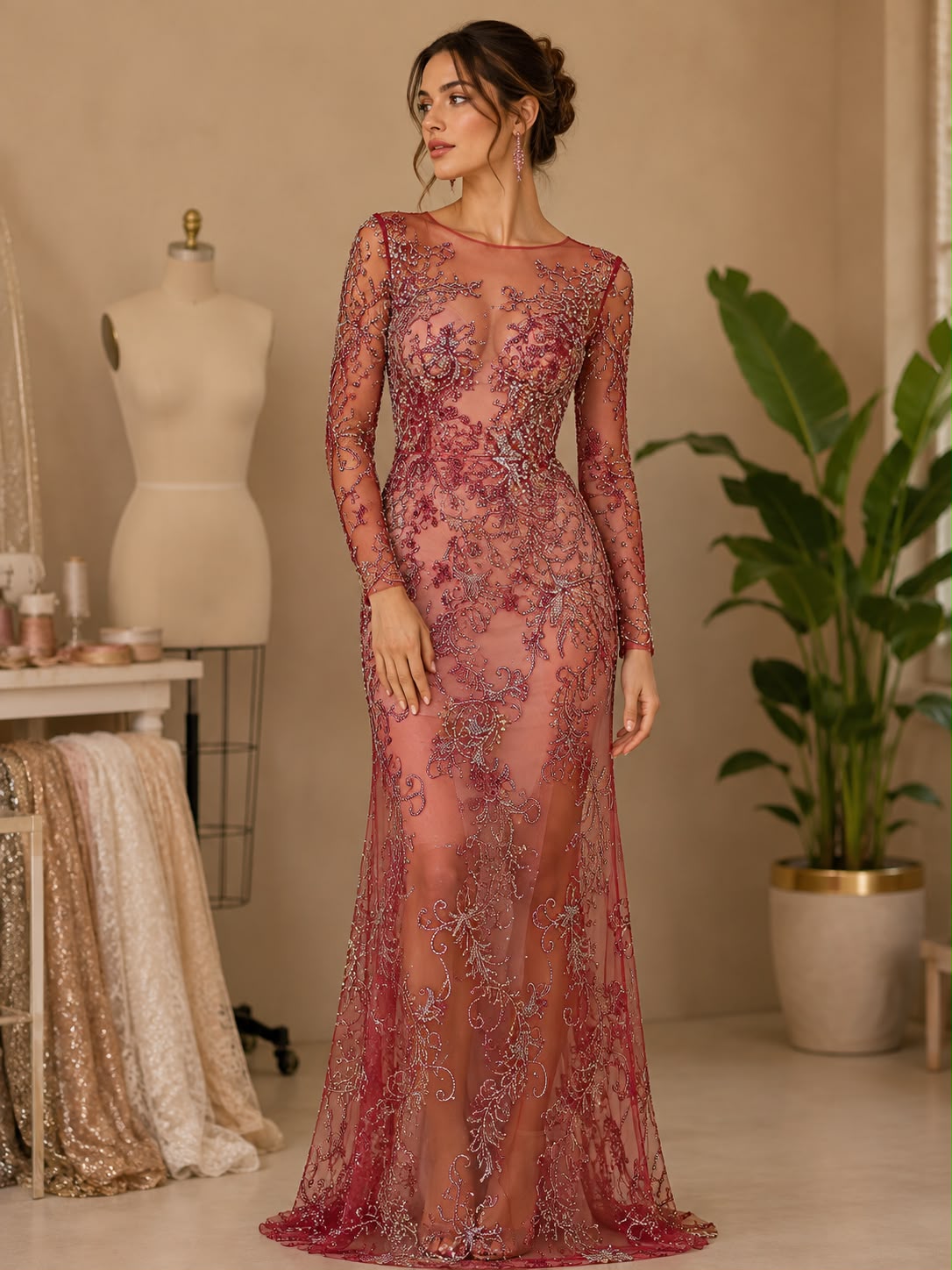 Broderie cu Strasuri și Aplicații Decorative pe Tulle Roșu – Model J1 3371 , 140cm\la metru