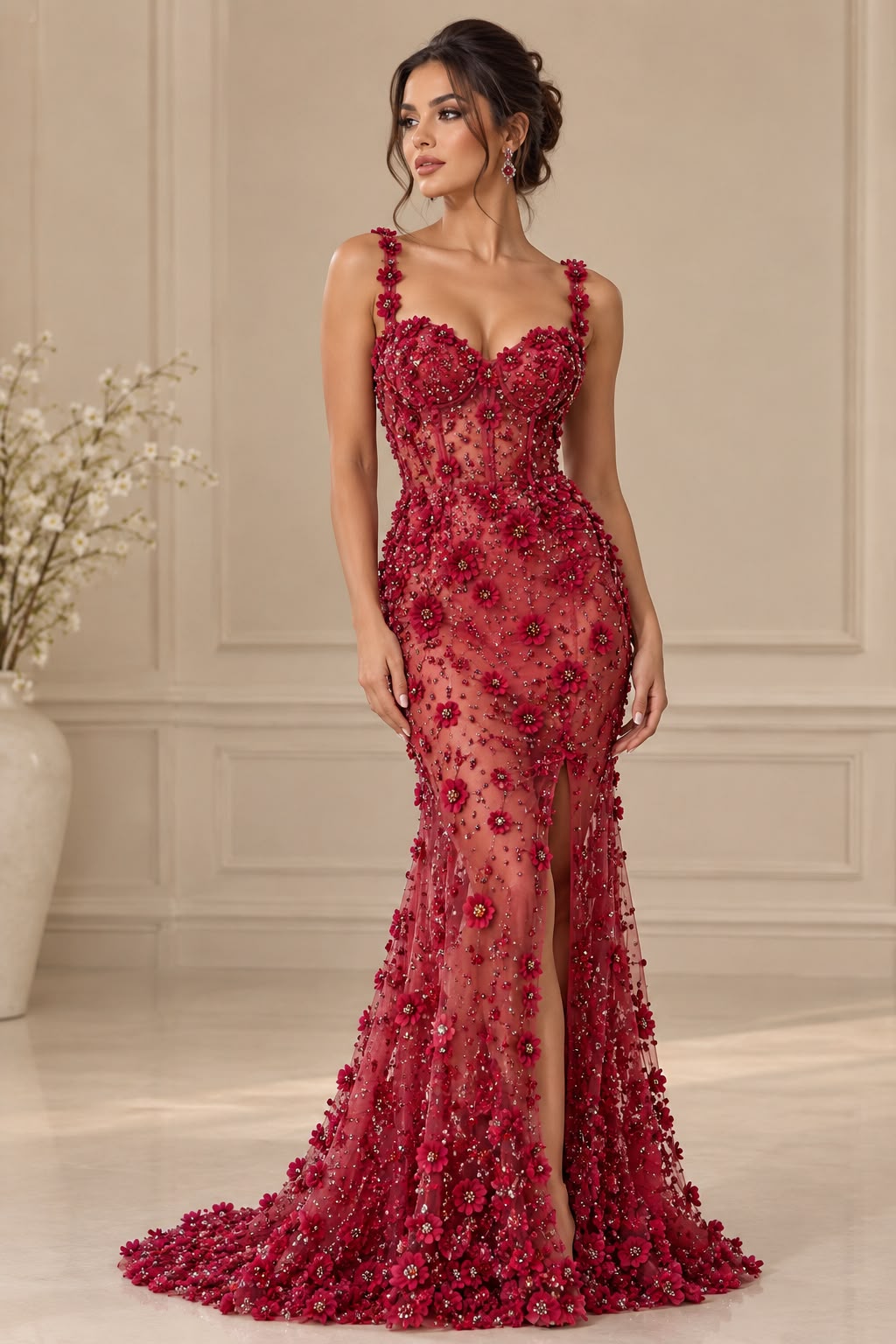 Broderie Luxury 3D pe tul roșu cu flori roșii și cristale premium Model-K2213 140cm/la metru