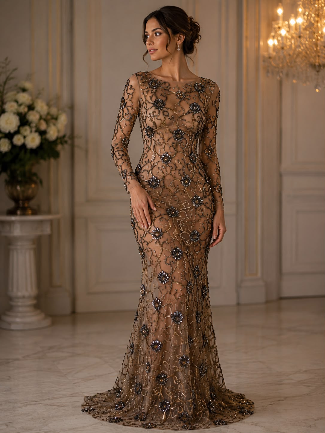 Broderie premium pe tul cu margele si cristale Antique Gold on Nude, latime 140 cm \ la metru- Model AI588