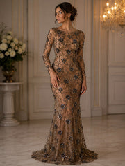 Broderie premium pe tul cu margele si cristale Antique Gold on Nude, latime 140 cm \ la metru- Model AI588