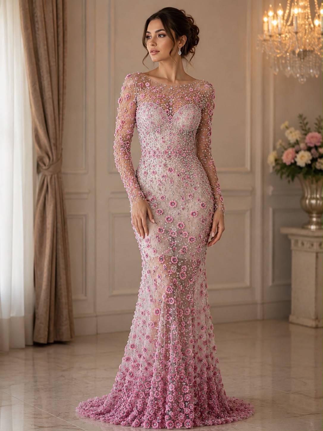 Broderie pe tull cu flori 3D roz inchis si cristale, – K2213, 140 cm/ la metru