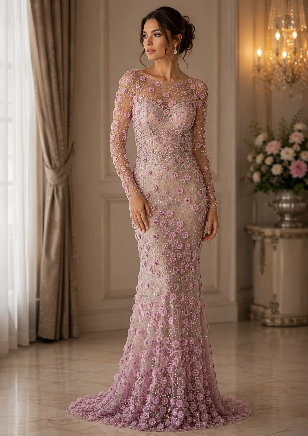 Broderie Luxury 3D pe tul nude  cu flori roz și cristale premium Model-K2213  140cm\la metru,