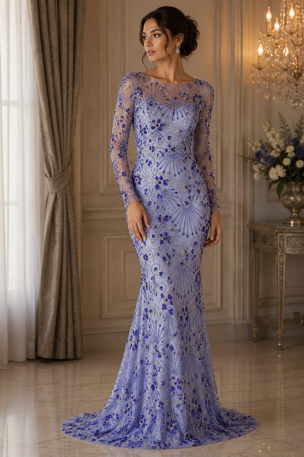 Broderie premium pe tul cu cristale si margele Royal Blue, latime 140 cm\la metru - Model J1 3440
