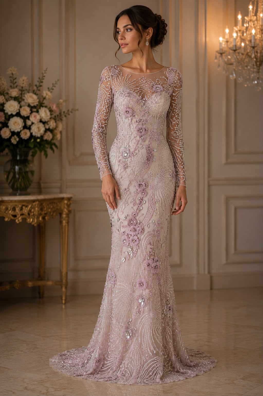 Broderie premium pe tul cu margele, paiete și cristale – Peach, lațime 140 cm\la metru–J1 3373