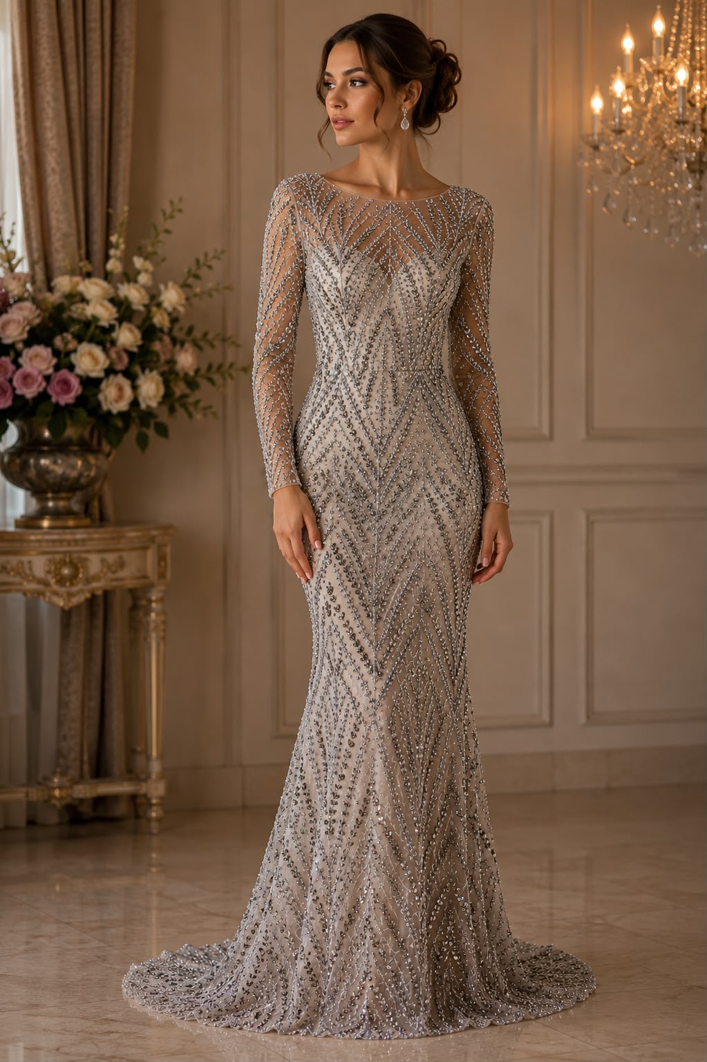 Broderie premium pe tul cu cristale si margele Nude, latime 140 cm\la metru - Model J1 3433