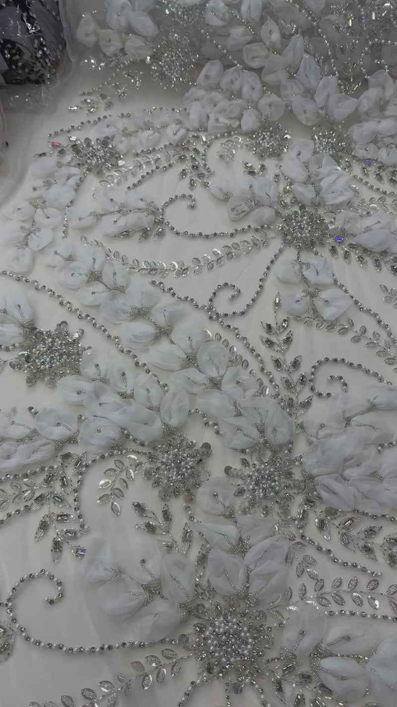 Broderie Ivory 3D cu Flori Organza si Cristale pe Tul Premium 140cm/la metru AI555