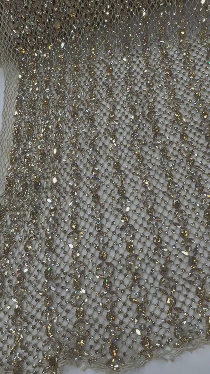 Broderie de lux cu cristale pe plasa 140 cm/la metru FL227