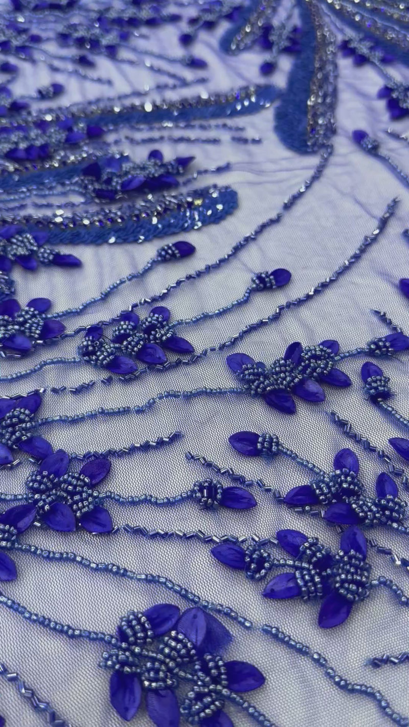 Broderie  Albastru Regal cu Paiete si Margele pe Tul Fin 140cm/la metru SJT1151