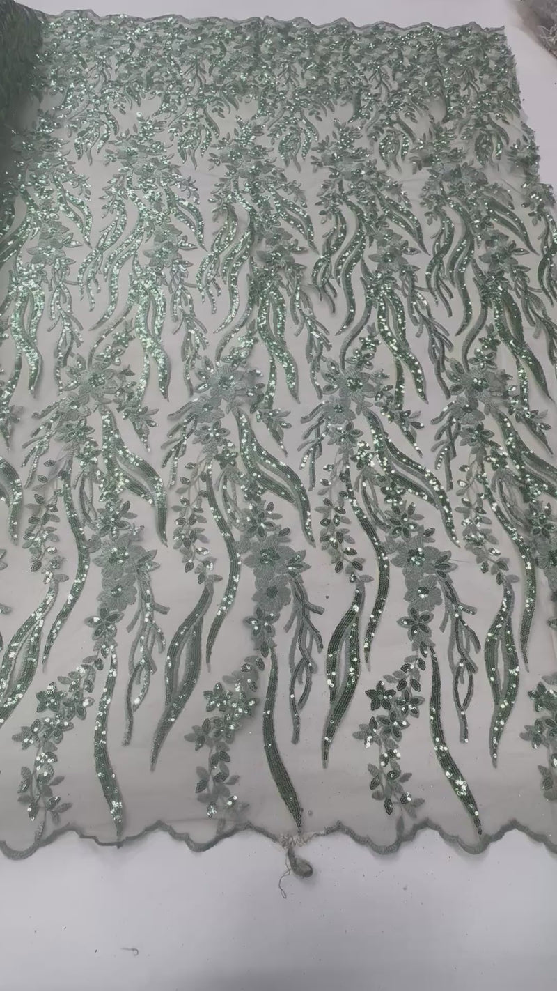 Broderie  premium verde salvie cu paiete – material elegant pentru rochii de ocazie 140cm/la metru