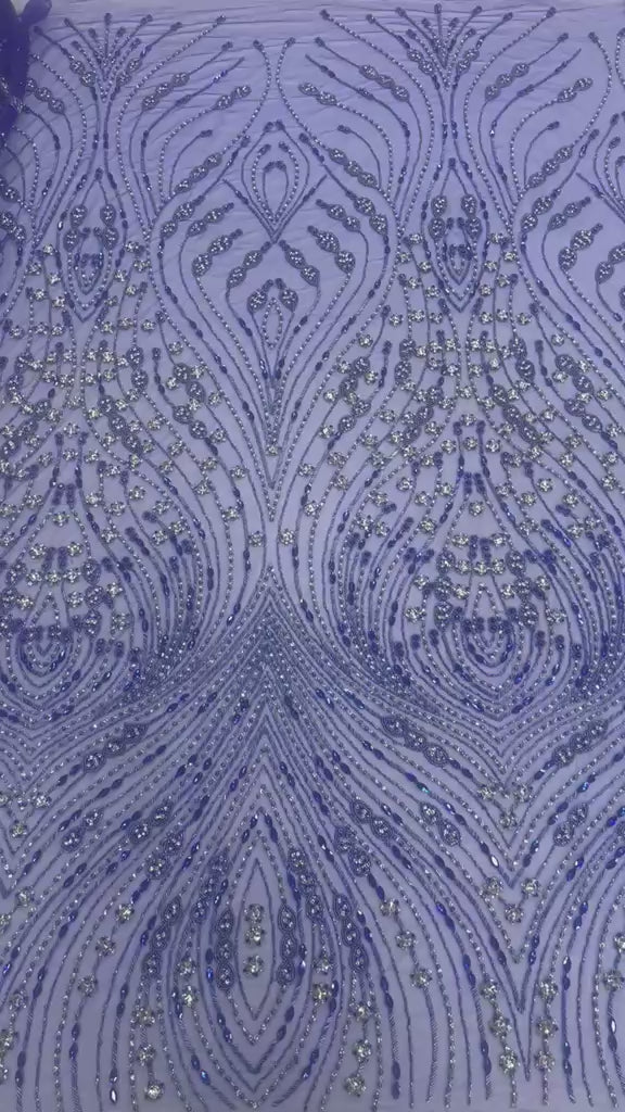 Încărcați videoclipul: Broderie cu margele si paiete pe tul – Royal Blue, Model SJT1372 ,140 cm/la metru